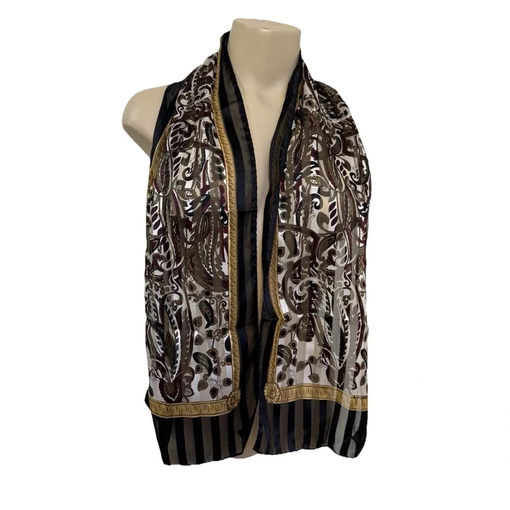Scarf Burgundy Burnout Paisley‎ Stripe Black Shimmer Purse Scarf Gold